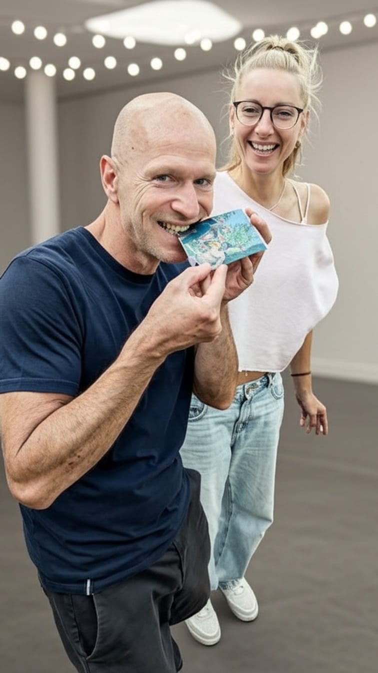 A guest tries his edible-paper portrait while a laughing companion looks on
