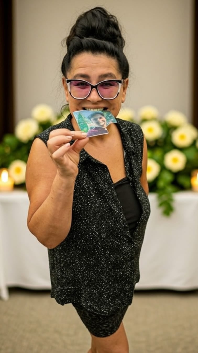A guest laughingly bites into her own portrait printed on edible paper